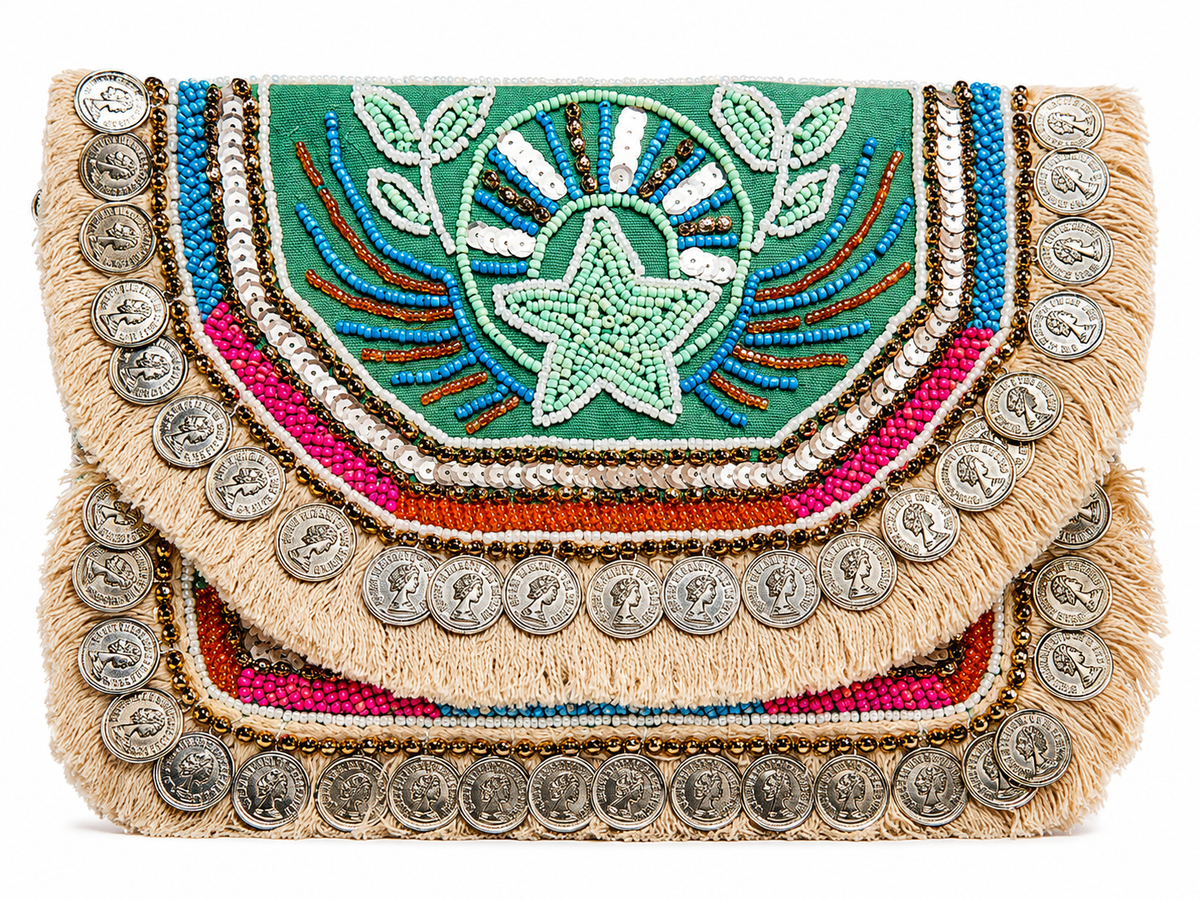 Monochrome Tribal Coin Beaded Clutch