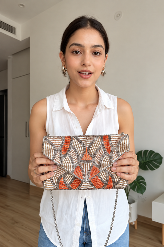 AVIORA Coral Prism Hand-Beaded Statement Clutch