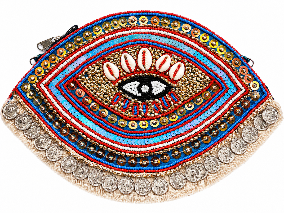 Multicolor Evil Eye Coin Beaded Clutch