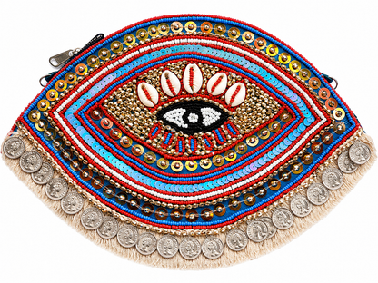 Multicolor Evil Eye Coin Beaded Clutch