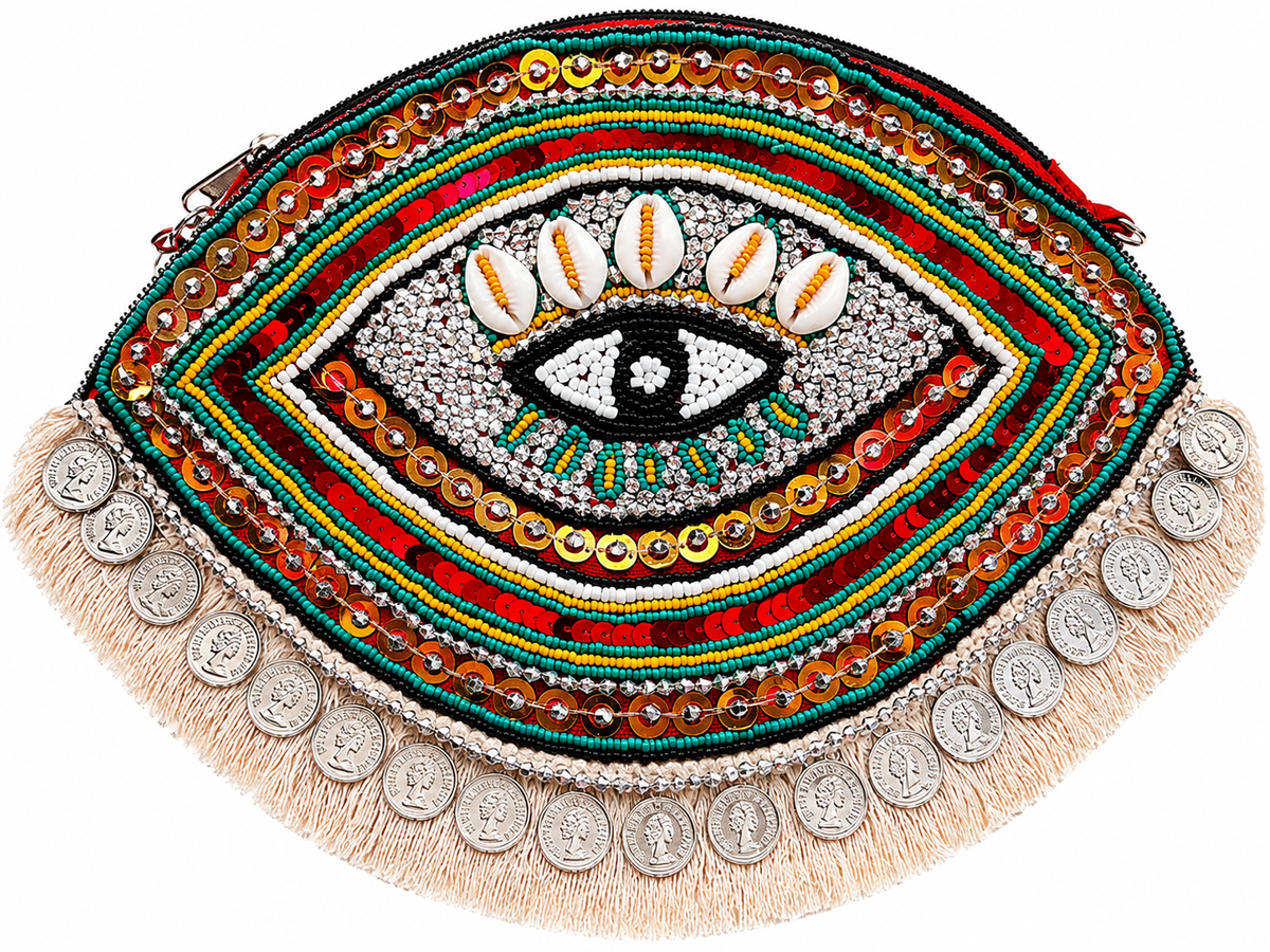 Multicolor Evil Eye Coin Beaded Clutch