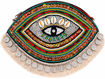Multicolor Evil Eye Coin Beaded Clutch