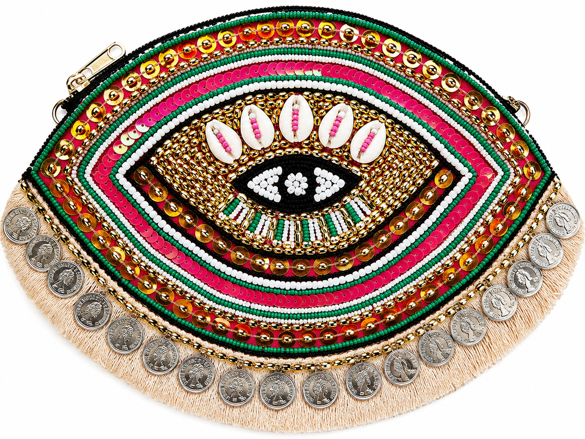 Multicolor Evil Eye Coin Beaded Clutch