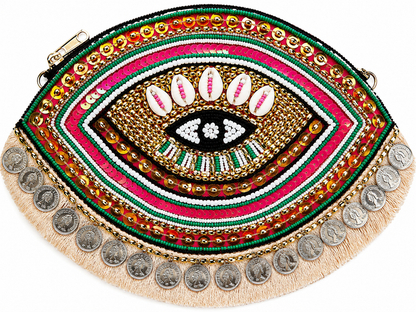 Multicolor Evil Eye Coin Beaded Clutch