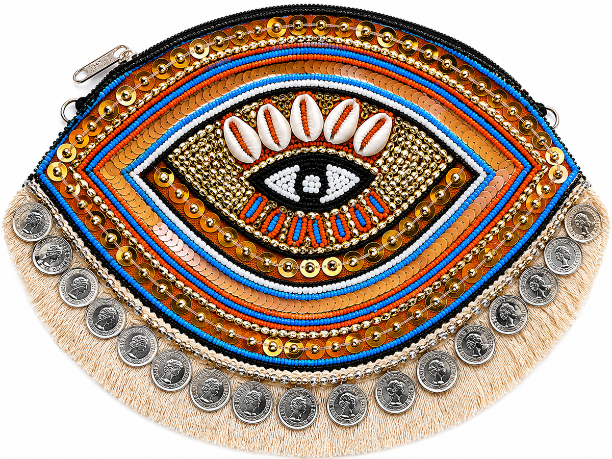 Multicolor Evil Eye Coin Beaded Clutch