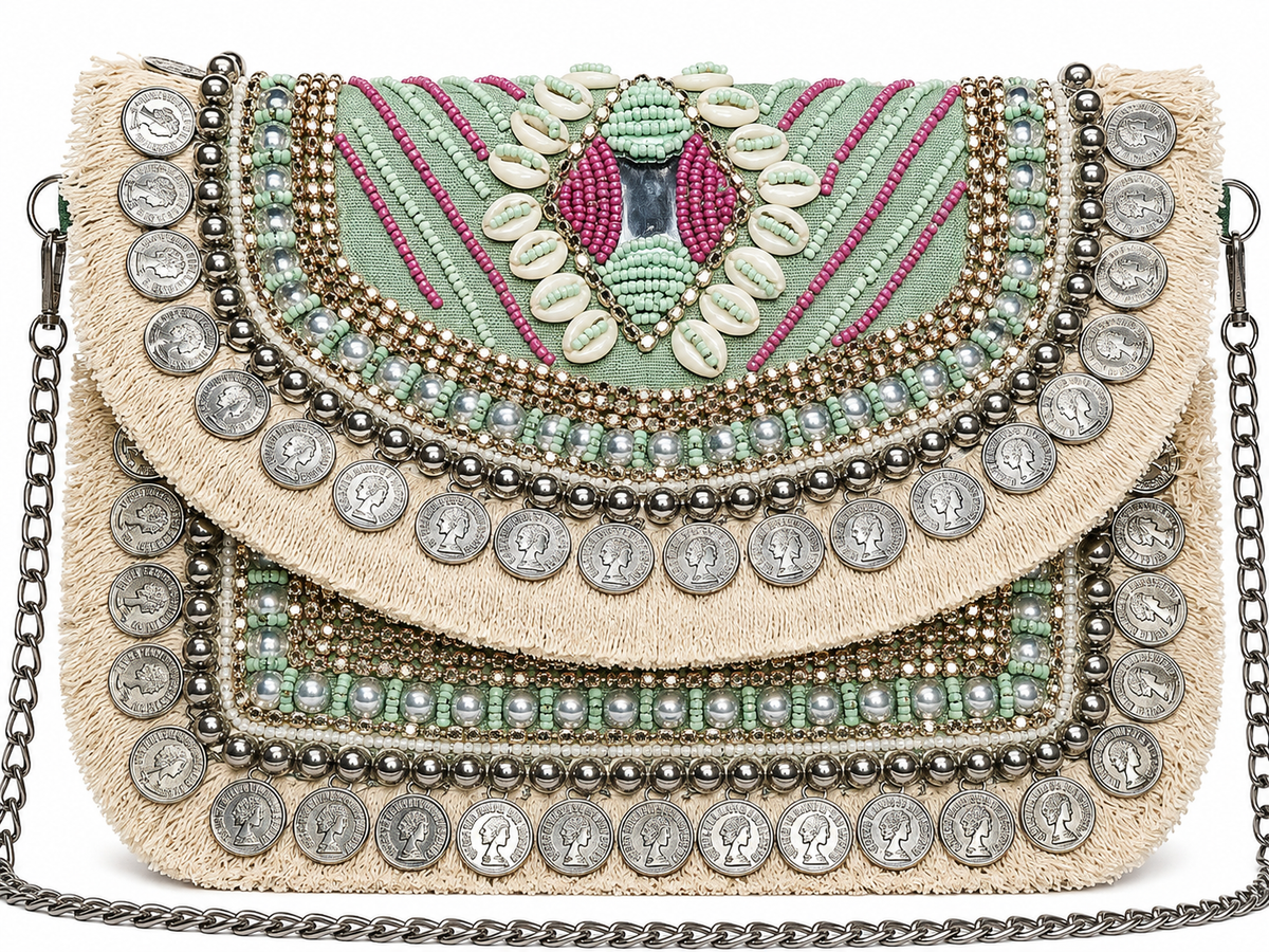 Emerald Pink Evil Eye Beaded Clutch