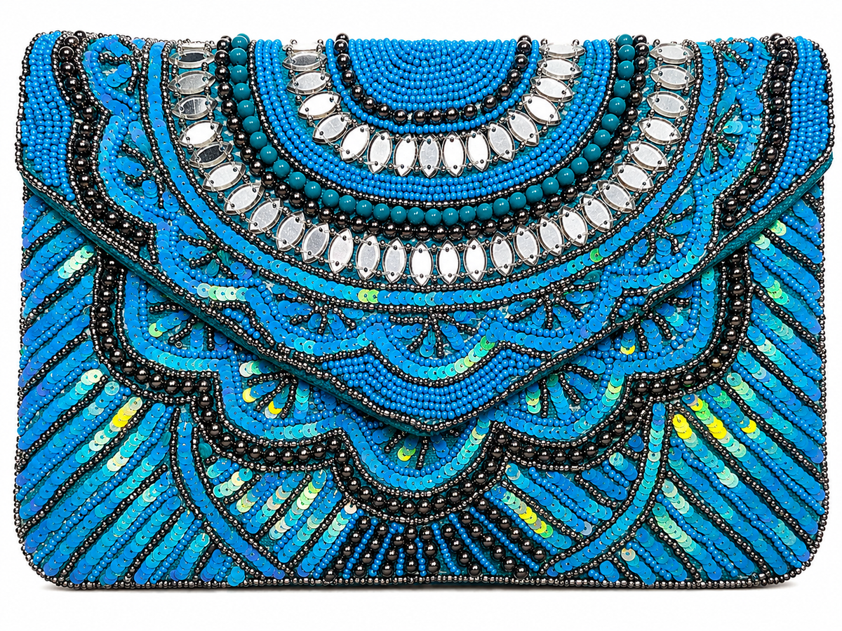 Handmade Blue Beaded Envelope Clutch Bag for Women | Luxury Party, Wedding & Evening Purse