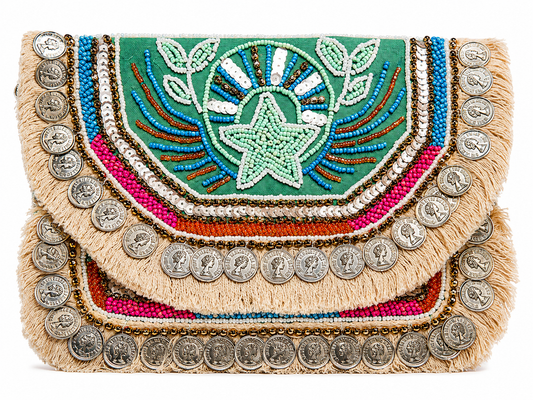 Monochrome Tribal Coin Beaded Clutch