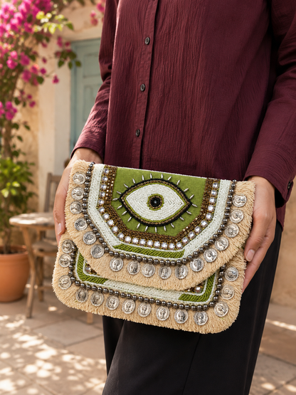 ZELVORA Verde Nazar Hand-Beaded Statement Clutch