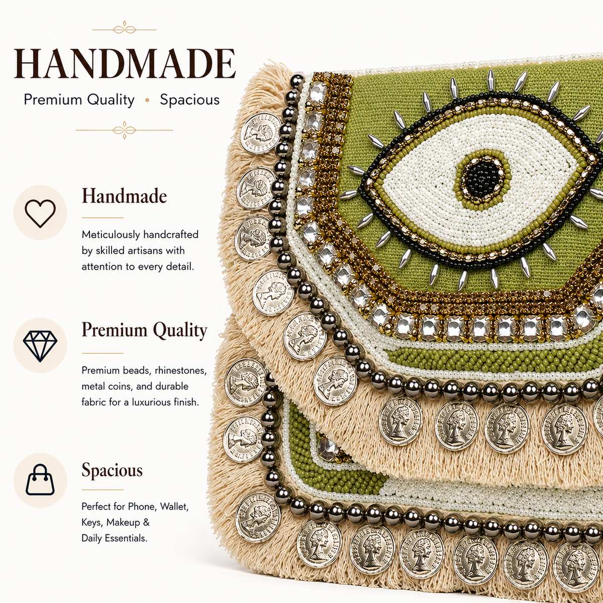 ZELVORA Verde Nazar Hand-Beaded Statement Clutch