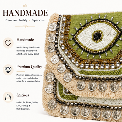 ZELVORA Verde Nazar Hand-Beaded Statement Clutch