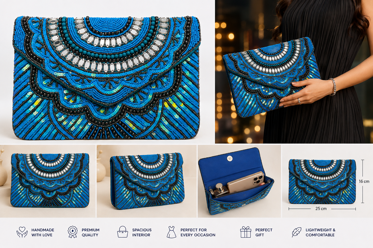 Handmade Blue Beaded Envelope Clutch Bag for Women | Luxury Party, Wedding & Evening Purse