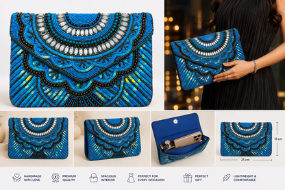 Handmade Blue Beaded Envelope Clutch Bag for Women | Luxury Party, Wedding & Evening Purse